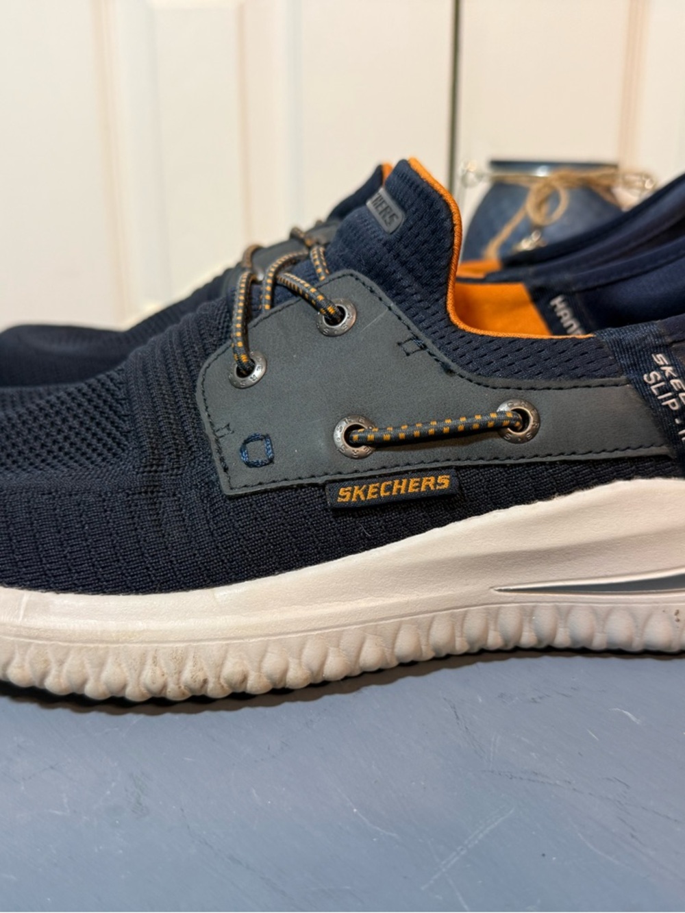 Skechers Men's Navy Knit Slip-On Sneaker with Orange Accent - Picture 5 of 6